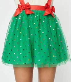 Unique Vintage Green & Multi Polka Dot Tulle Suspender Mini Skirt Clothing