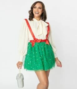Unique Vintage Green & Multi Polka Dot Tulle Suspender Mini Skirt Clothing