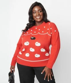 Unique Vintage Plus Size Red & Flock Of Sheep Sweater