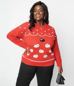 Unique Vintage Plus Size Red & Flock Of Sheep Sweater