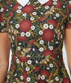 Katakomb Navy & Burgundy Botanical Print Jane Flare Dress Trending