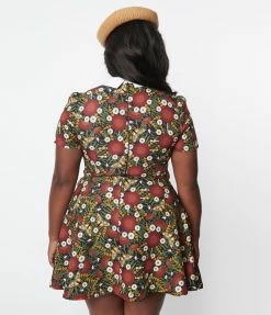 Katakomb Trending Plus Size Navy & Burgundy Botanical Print Jane Flare Dress