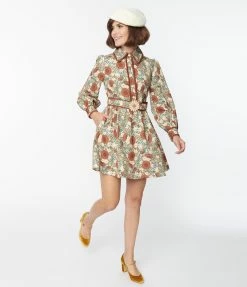 Katakomb Trending Ivory & Brown Botanical Print Dakota Flare Dress