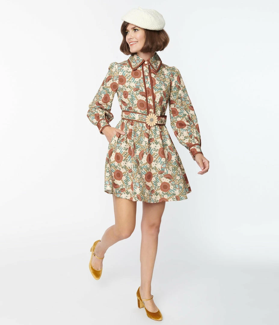 Katakomb Trending Ivory & Brown Botanical Print Dakota Flare Dress