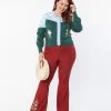 Unique Vintage Plus Size Burgundy & Mushroom Embroidery Majors Flare Pants Clothing
