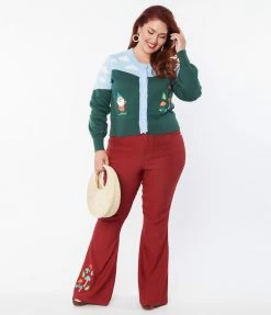 Unique Vintage Plus Size Burgundy & Mushroom Embroidery Majors Flare Pants Clothing