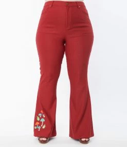 Unique Vintage Plus Size Burgundy & Mushroom Embroidery Majors Flare Pants Clothing
