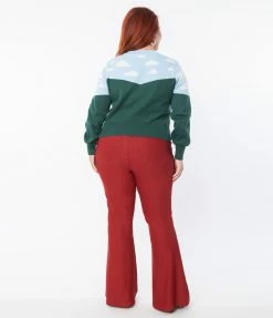 Unique Vintage Plus Size Burgundy & Mushroom Embroidery Majors Flare Pants Clothing