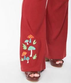 Unique Vintage Plus Size Burgundy & Mushroom Embroidery Majors Flare Pants Clothing
