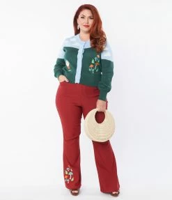 Unique Vintage Plus Size Burgundy & Mushroom Embroidery Majors Flare Pants Clothing
