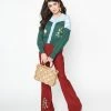 Clothing Unique Vintage Burgundy & Mushroom Embroidery Majors Flare Pants