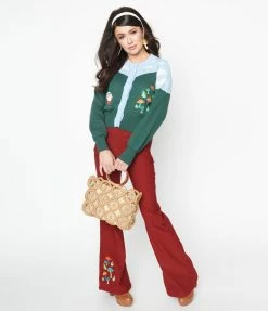 Clothing Unique Vintage Burgundy & Mushroom Embroidery Majors Flare Pants