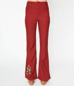Clothing Unique Vintage Burgundy & Mushroom Embroidery Majors Flare Pants