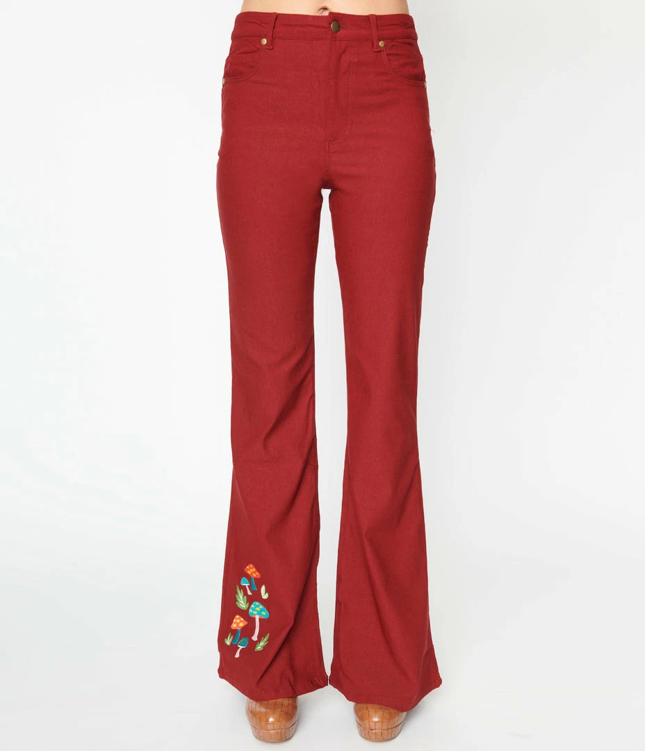 Clothing Unique Vintage Burgundy & Mushroom Embroidery Majors Flare Pants