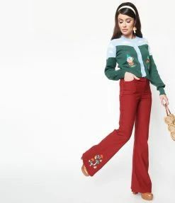 Clothing Unique Vintage Burgundy & Mushroom Embroidery Majors Flare Pants