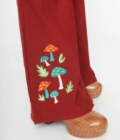 Clothing Unique Vintage Burgundy & Mushroom Embroidery Majors Flare Pants