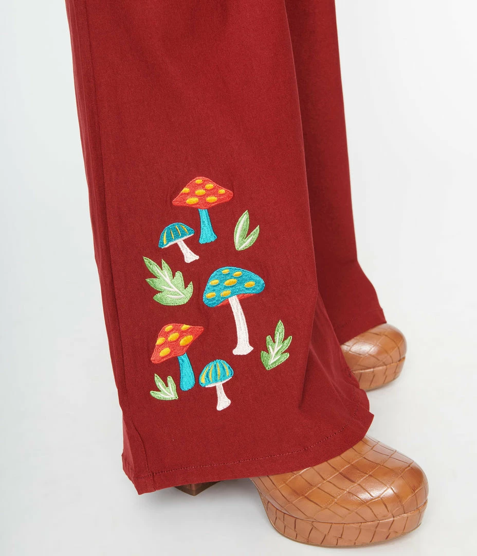 Clothing Unique Vintage Burgundy & Mushroom Embroidery Majors Flare Pants