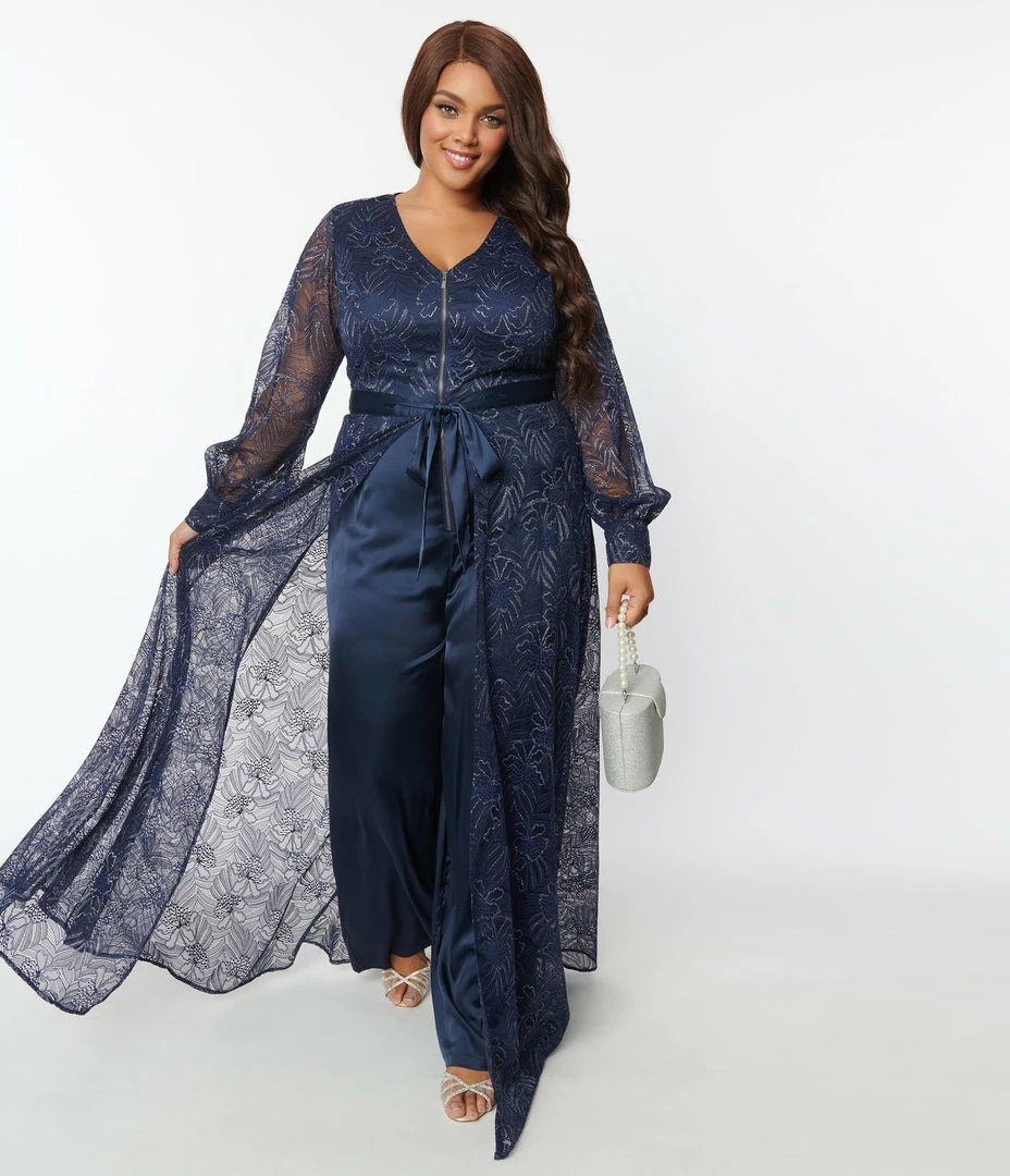 Clothing Unique Vintage Plus Size Navy Sparkle Lace Jumpsuit & Skirt Overlay