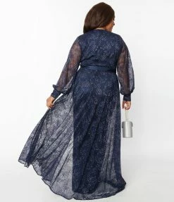 Clothing Unique Vintage Plus Size Navy Sparkle Lace Jumpsuit & Skirt Overlay