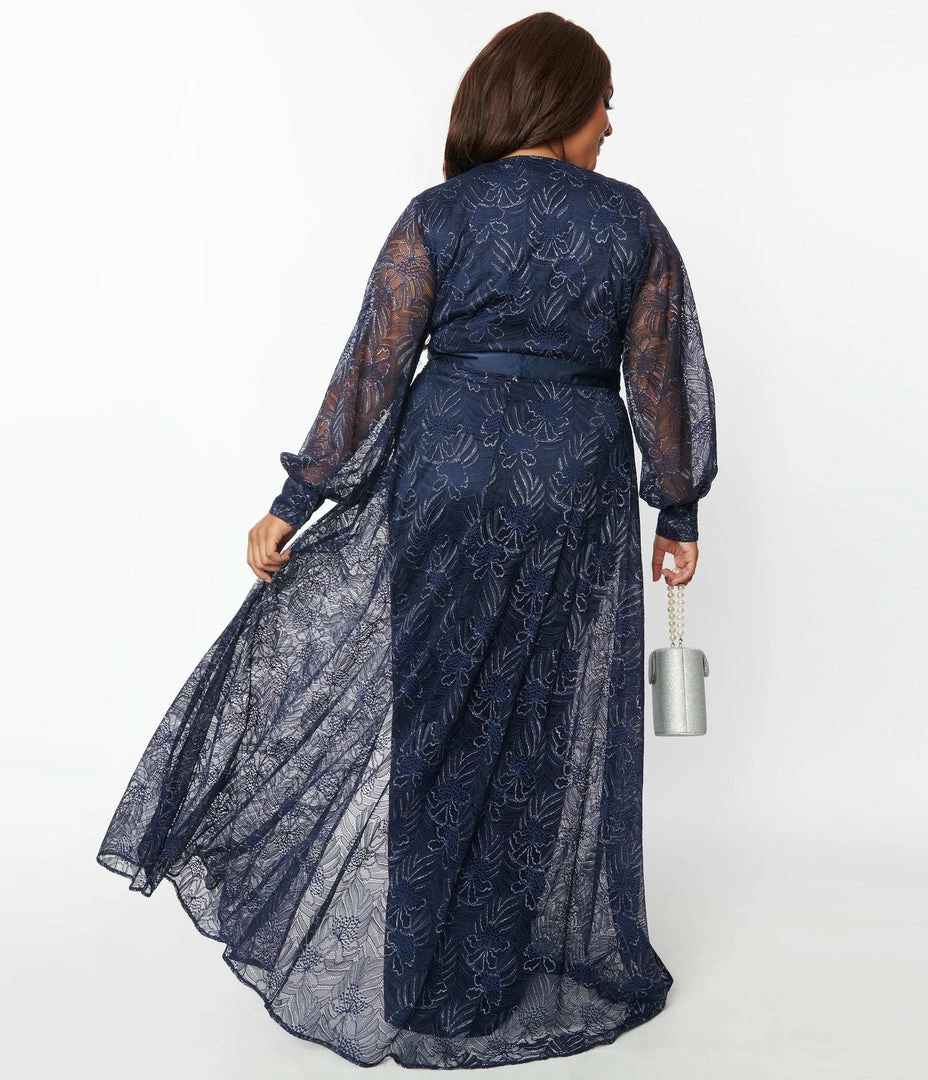 Clothing Unique Vintage Plus Size Navy Sparkle Lace Jumpsuit & Skirt Overlay