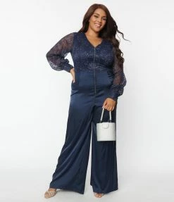 Clothing Unique Vintage Plus Size Navy Sparkle Lace Jumpsuit & Skirt Overlay