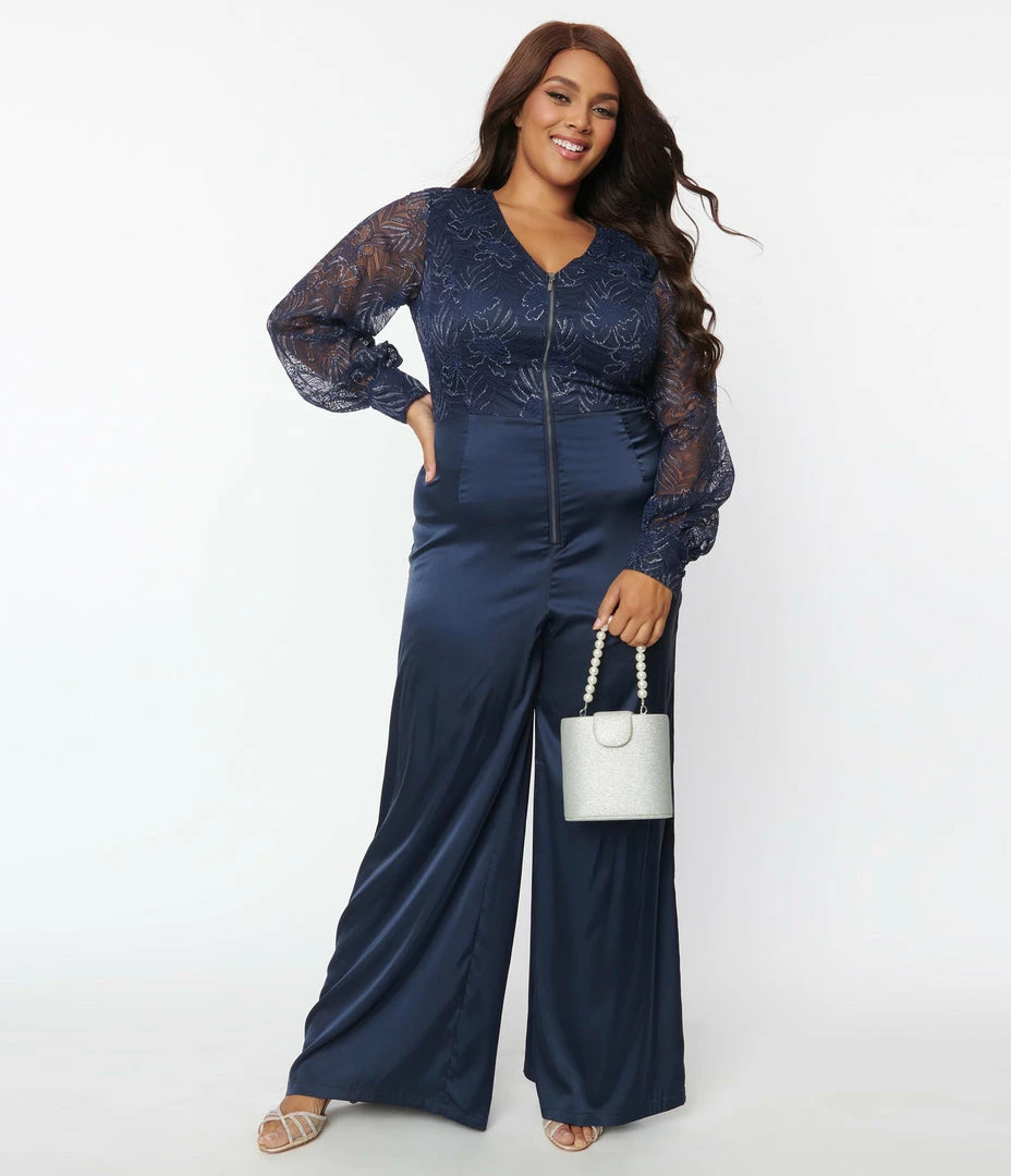 Clothing Unique Vintage Plus Size Navy Sparkle Lace Jumpsuit & Skirt Overlay