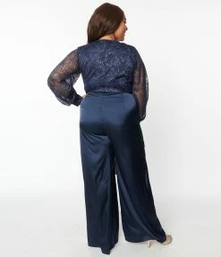 Clothing Unique Vintage Plus Size Navy Sparkle Lace Jumpsuit & Skirt Overlay