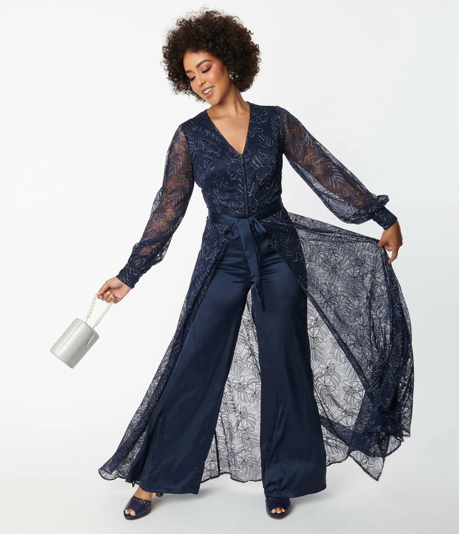 Clothing Unique Vintage Navy Sparkle Lace Jumpsuit & Skirt Overlay
