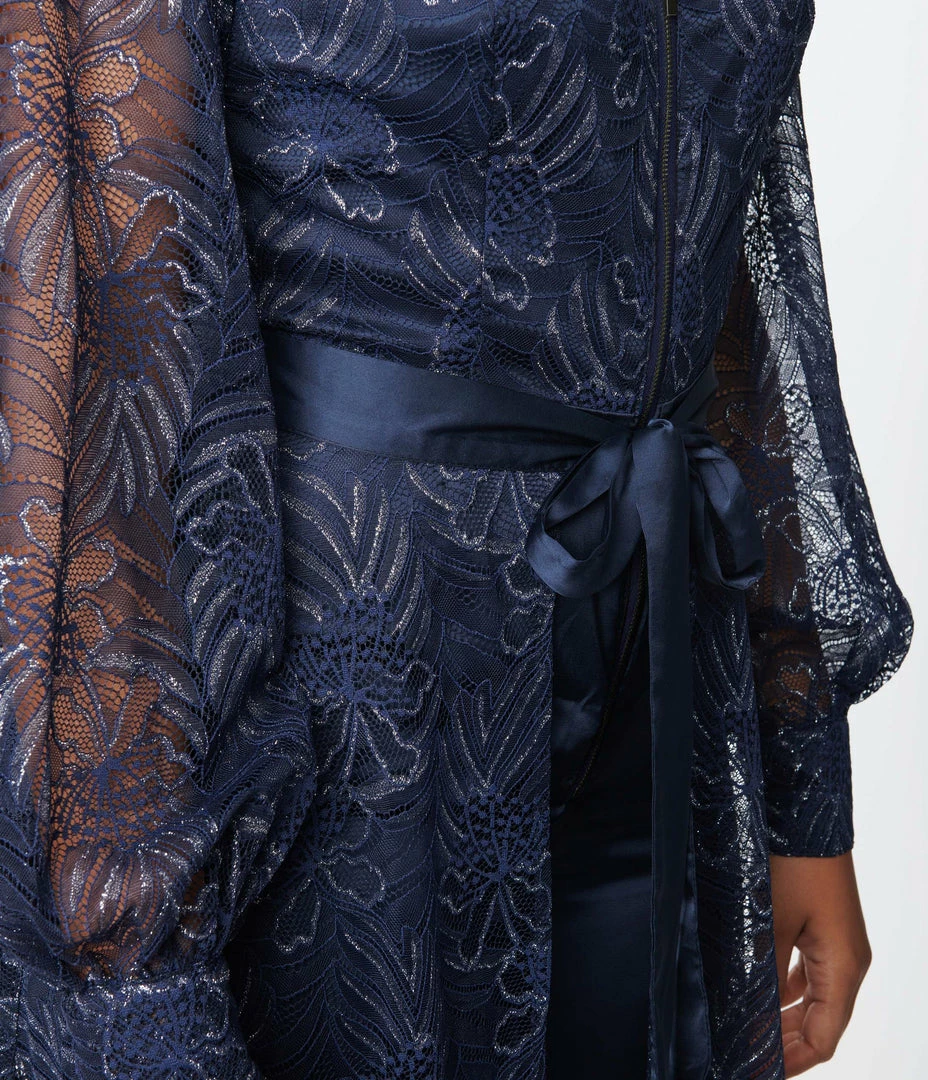 Clothing Unique Vintage Navy Sparkle Lace Jumpsuit & Skirt Overlay