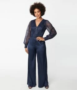 Clothing Unique Vintage Navy Sparkle Lace Jumpsuit & Skirt Overlay