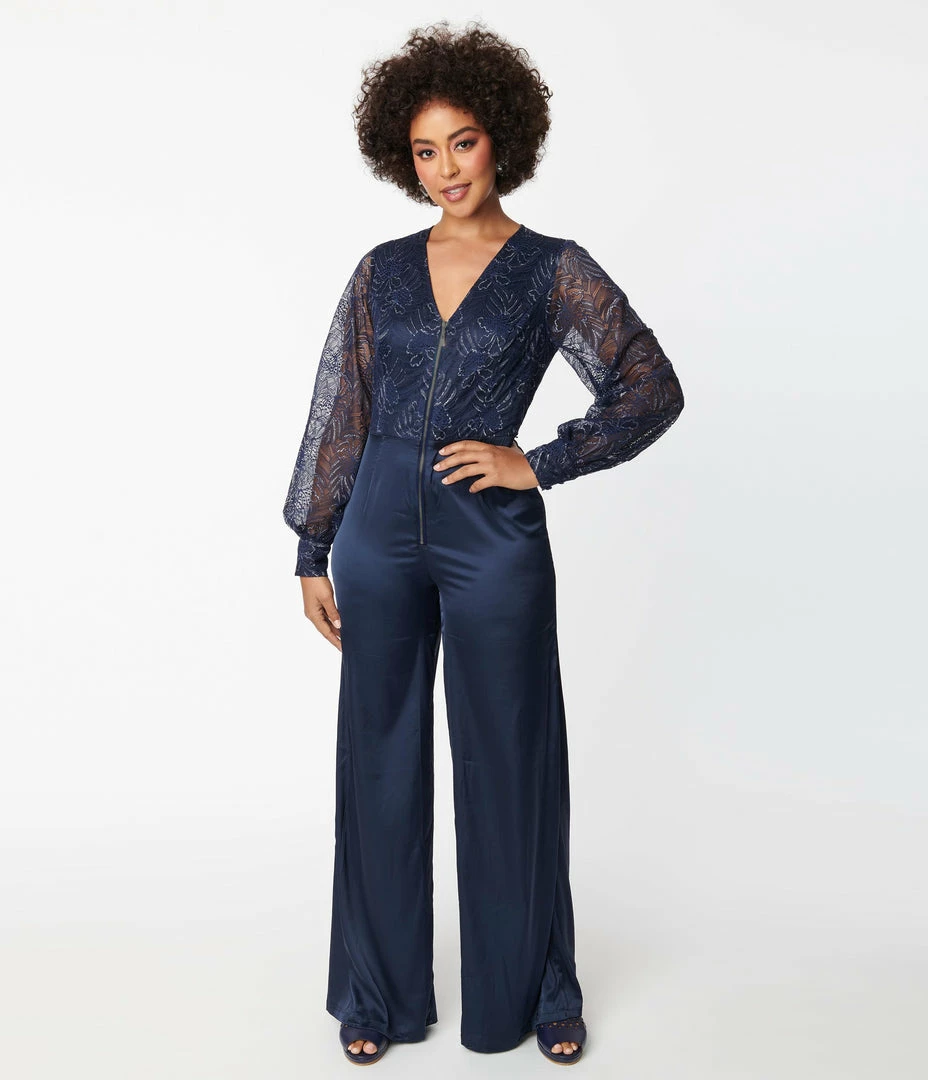 Clothing Unique Vintage Navy Sparkle Lace Jumpsuit & Skirt Overlay