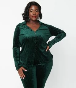 Unique Vintage Plus Size Emerald Peacock Velvet Blouse Clothing