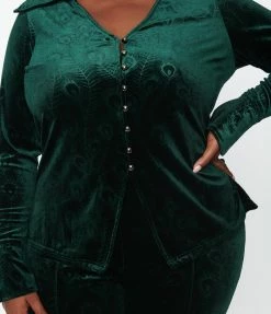 Unique Vintage Plus Size Emerald Peacock Velvet Blouse Clothing