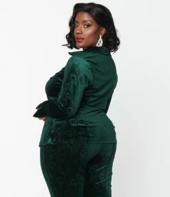 Unique Vintage Plus Size Emerald Peacock Velvet Blouse Clothing