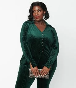 Unique Vintage Plus Size Emerald Peacock Velvet Blouse Clothing