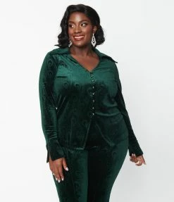 Unique Vintage Plus Size Emerald Peacock Velvet Blouse Clothing