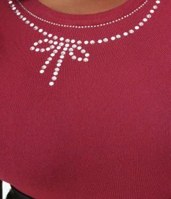 Clothing Unique Vintage Plus Size Merlot & Rhinestone Bow Accent Sweater