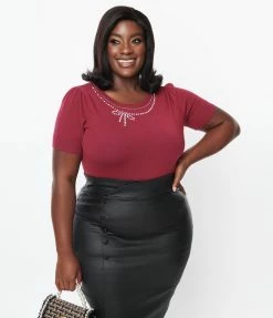 Clothing Unique Vintage Plus Size Merlot & Rhinestone Bow Accent Sweater