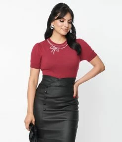 Clothing Unique Vintage Merlot & Rhinestone Bow Accent Sweater