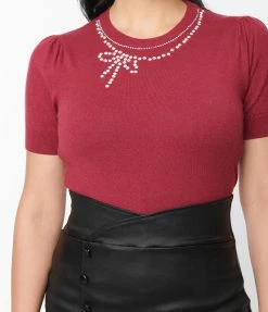 Clothing Unique Vintage Merlot & Rhinestone Bow Accent Sweater
