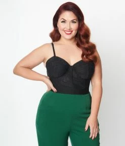 Unique Vintage Plus Size Black Floral Lace Bustier Crop Top