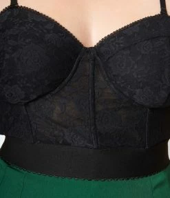 Unique Vintage Plus Size Black Floral Lace Bustier Crop Top