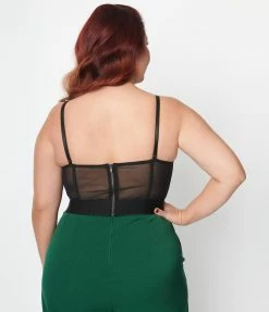 Unique Vintage Plus Size Black Floral Lace Bustier Crop Top