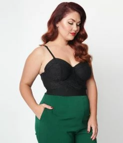 Unique Vintage Plus Size Black Floral Lace Bustier Crop Top