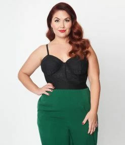 Unique Vintage Plus Size Black Floral Lace Bustier Crop Top