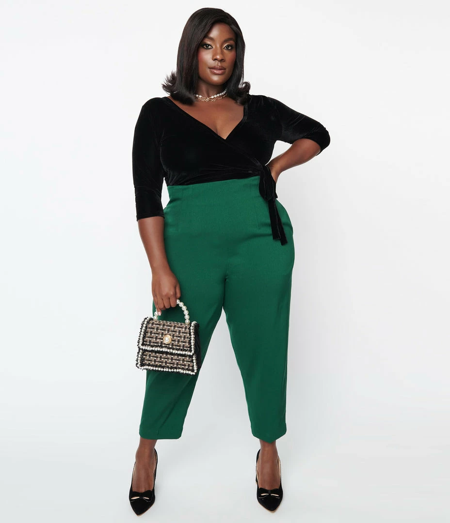 New Arrivals! Unique Vintage Plus Size Emerald Front Pleat Pants
