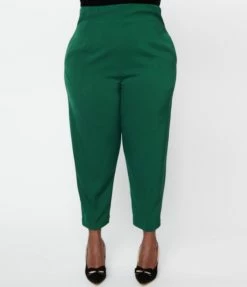 New Arrivals! Unique Vintage Plus Size Emerald Front Pleat Pants