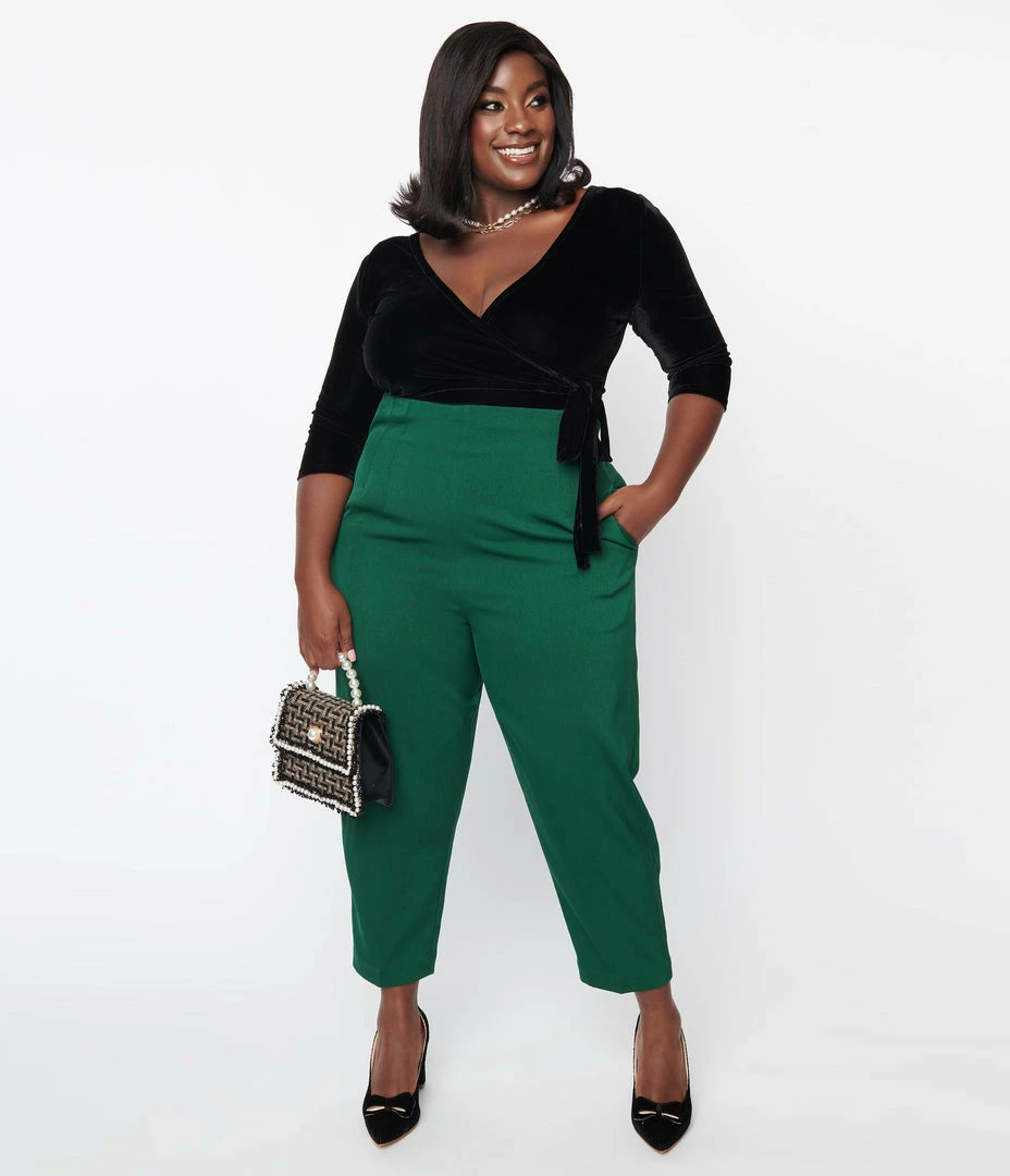 New Arrivals! Unique Vintage Plus Size Emerald Front Pleat Pants