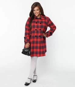 New Arrivals! Unique Vintage Plus Size Red & Navy Plaid Peacoat