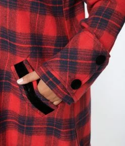 New Arrivals! Unique Vintage Plus Size Red & Navy Plaid Peacoat